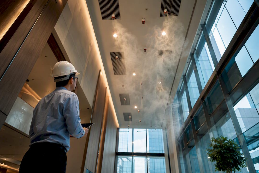 Engineer observing smoke control test in atrium
