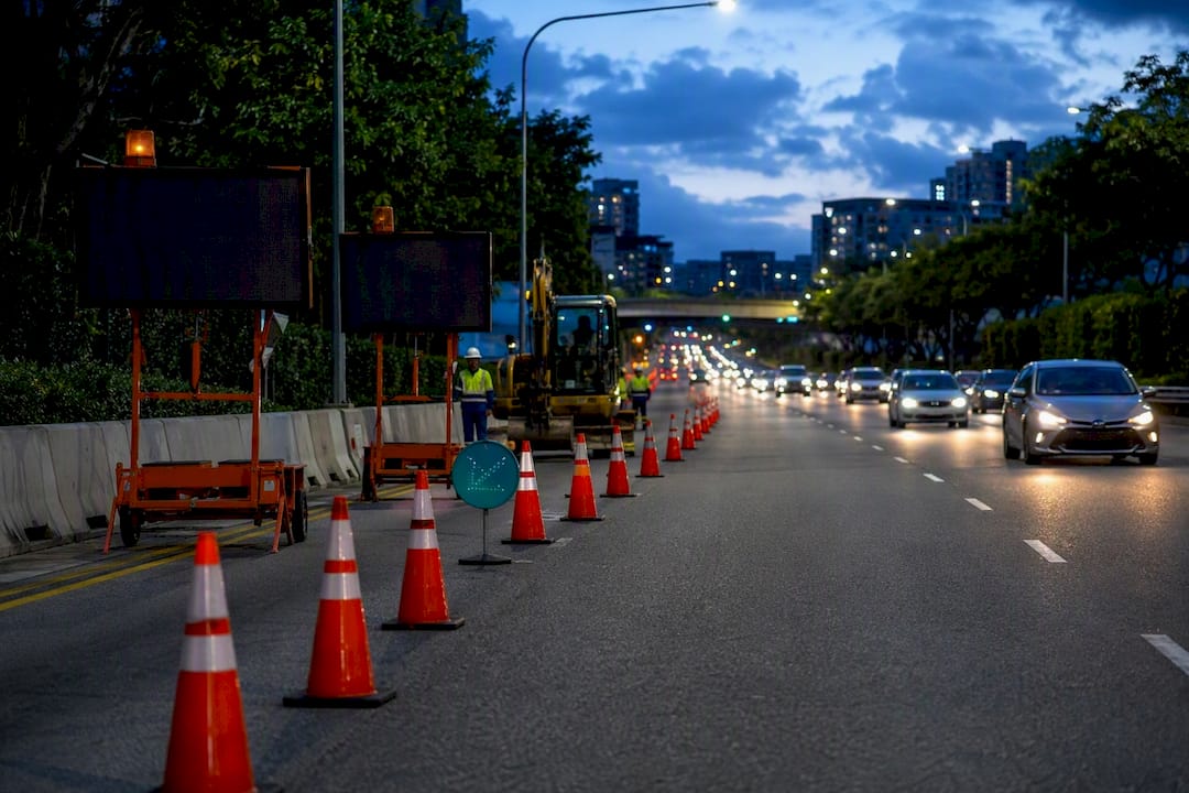 Singapore road work zone with cone taper
