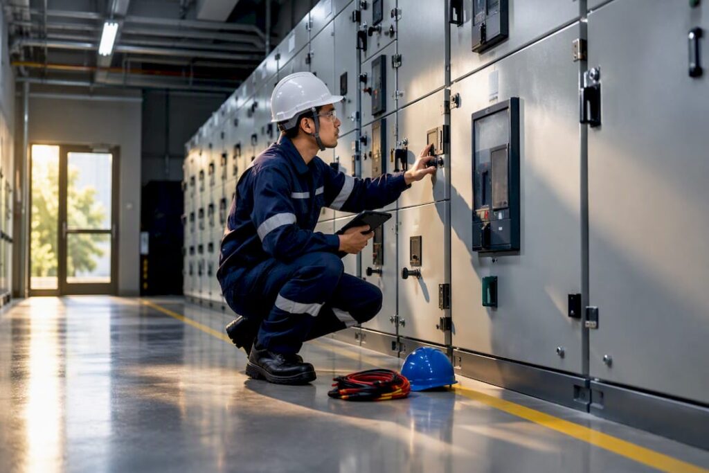 Electrical worker inspecting high-voltage switchgear