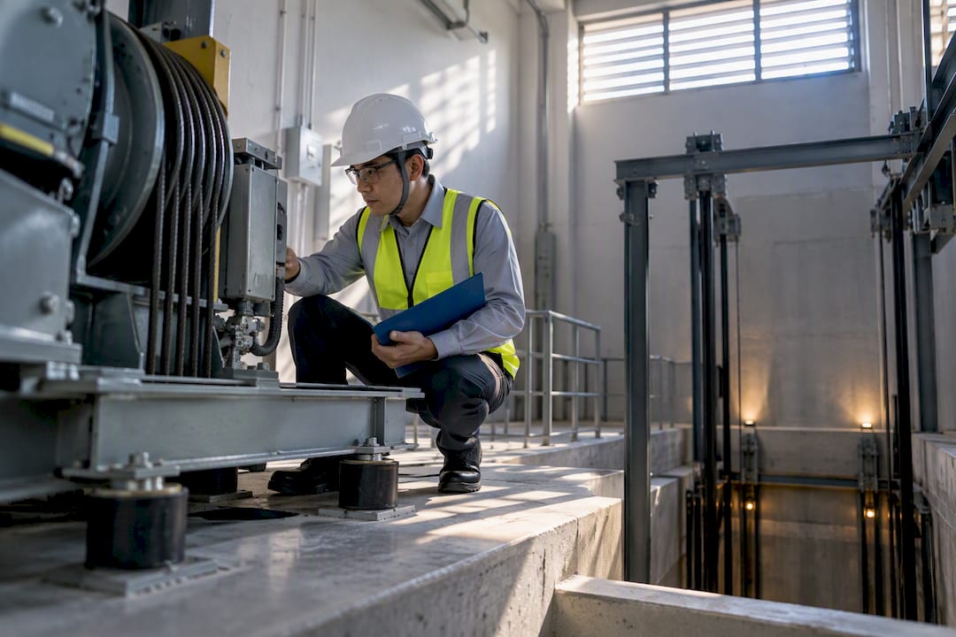 Inspector reviewing lift machinery for approval
