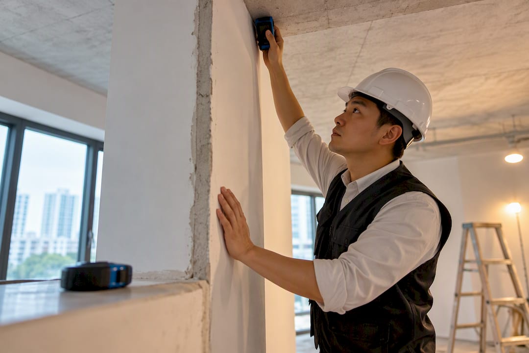 Engineer inspecting partition wall structure
