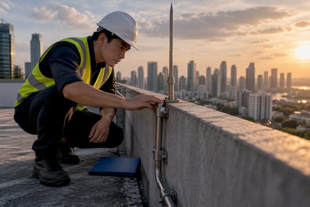 Engineer inspecting rooftop lightning protection system