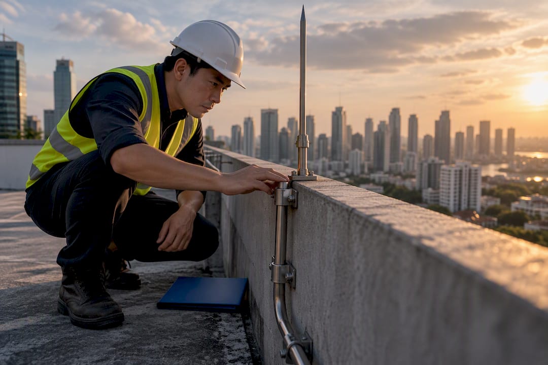 Engineer inspecting rooftop lightning protection system
