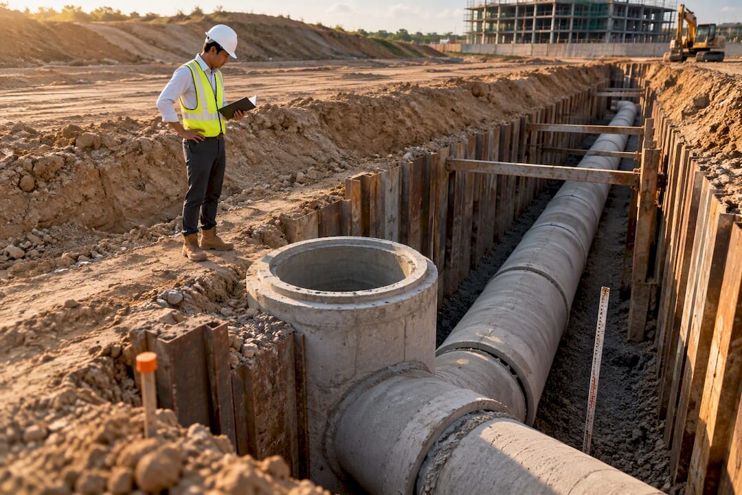 Engineer inspecting exposed sewer diversion trench