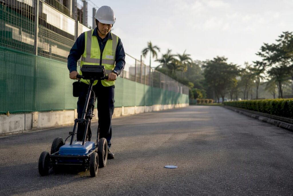 Surveyor scanning utilities on Singapore road reserve