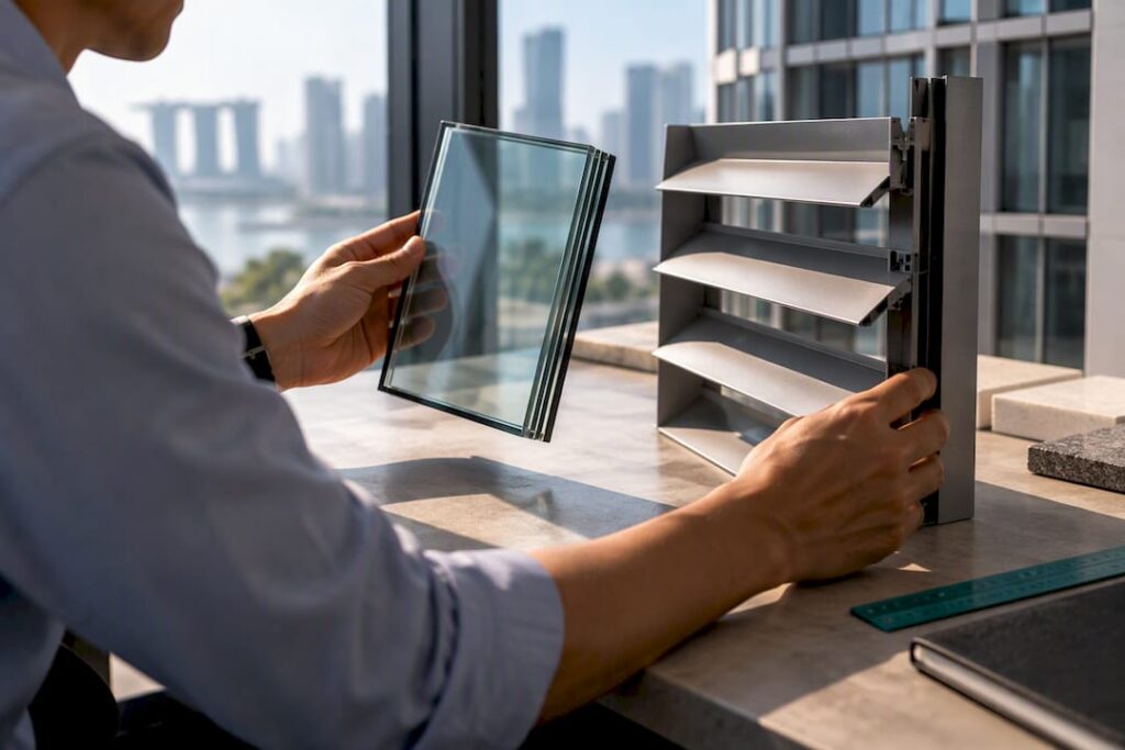 Engineer comparing glazing and shading samples