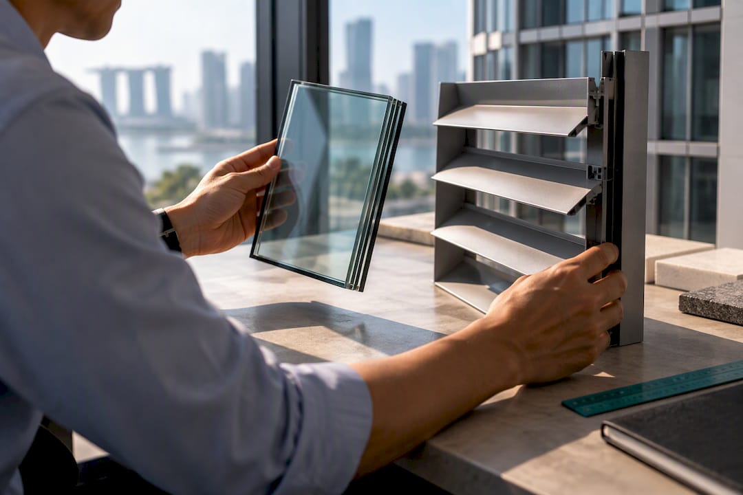 Engineer comparing glazing and shading samples