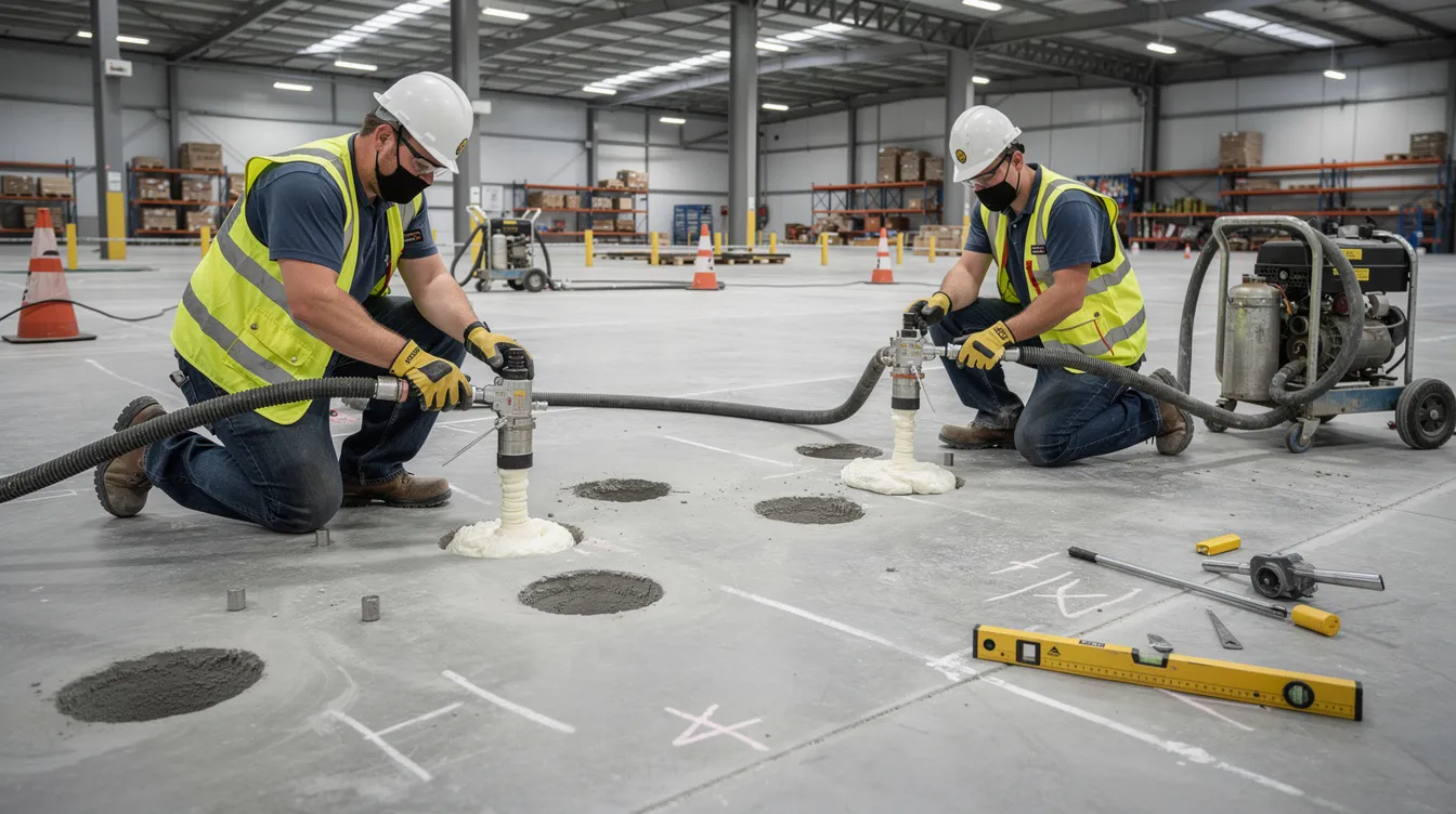 Technicians are seen performing polyurethane foam injection through small drilled ports in a warehouse floor slab, utilizing advanced materials to lift sunken concrete and fill voids beneath the slab. This non-invasive repair process ensures minimal disruption and restores the load-bearing capacity of the concrete surface.