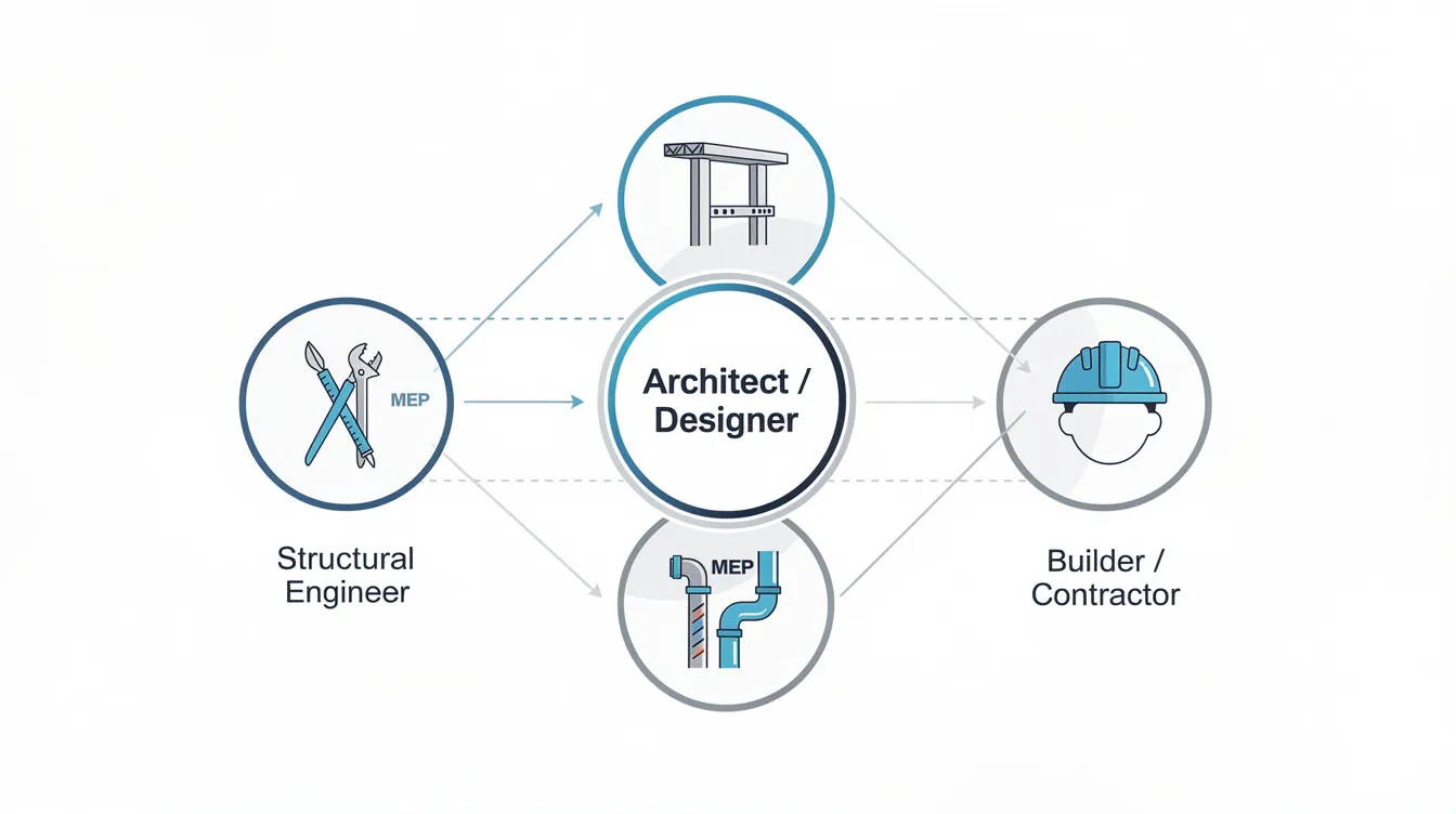 The image depicts a collaboration diagram featuring an architectural team, with a designer at the center connected to engineers and builders, illustrating the teamwork involved in interior design projects for residential and commercial spaces. This visual emphasizes the importance of project management and communication in creating functional and innovative designs.