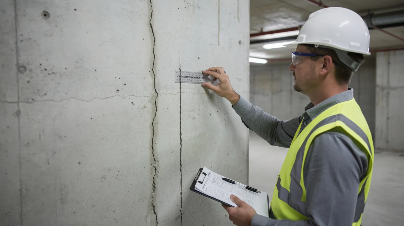 An engineer is using a crack comparator gauge to measure the width of structural cracks on a concrete basement wall, assessing the damage to determine the appropriate method for concrete crack repair. This process is essential for restoring structural integrity and preventing further deterioration of the concrete structure.