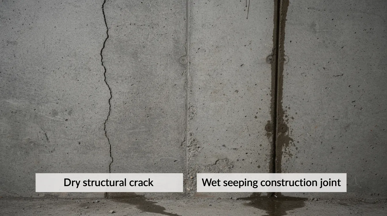 The image shows a comparison between a dry structural crack in a concrete wall and a wet, seeping construction joint in a basement. The dry crack represents a potential issue in concrete structures that may require epoxy injection or polyurethane crack injection for effective structural crack repair, while the wet joint highlights active water leaks that could lead to further deterioration if not addressed promptly.