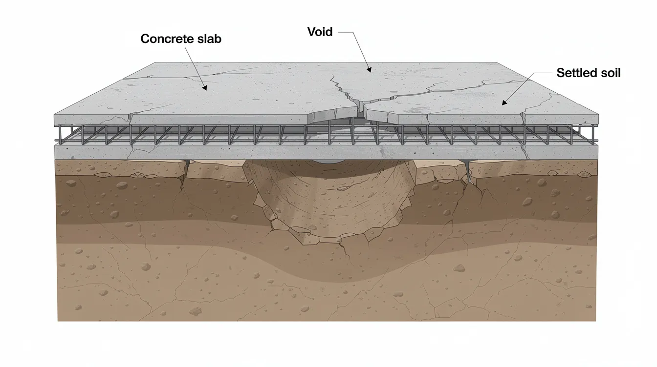 The image depicts a cross-section view of a concrete slab, highlighting void formation and soil settlement beneath an industrial floor. This illustration emphasizes the importance of methods like polyurethane foam injection for lifting sunken concrete slabs and filling voids, ensuring structural support and stability.