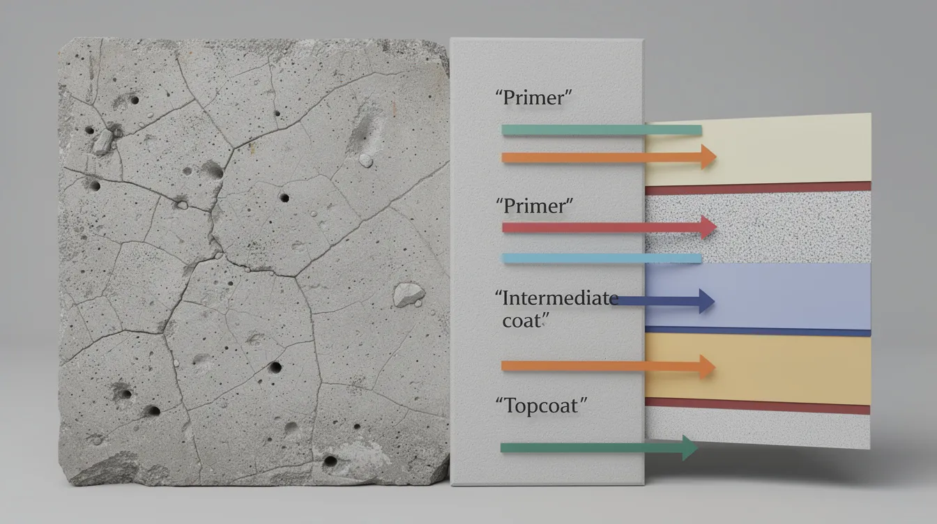 The image shows a side-by-side comparison of a concrete wall, with the left side displaying an untreated map-cracked surface indicative of alkali silica reaction (ASR) deterioration, while the right side features a coated surface protected by a barrier system. Arrows highlight the layers of the barrier system, emphasizing effective mitigation strategies to prevent ASR-related expansion and maintain structural integrity in concrete structures.