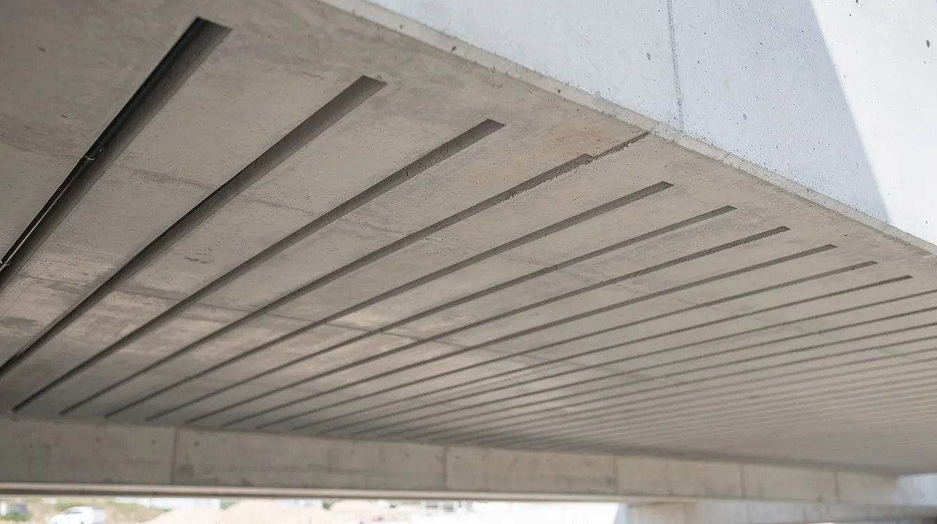 The image depicts a concrete deck soffit featuring shallow grooves cut in parallel lines, which are prepared for the installation of near surface mounted CFRP bars for flexural strengthening. This design is intended to enhance the performance of reinforced concrete beams and structures.