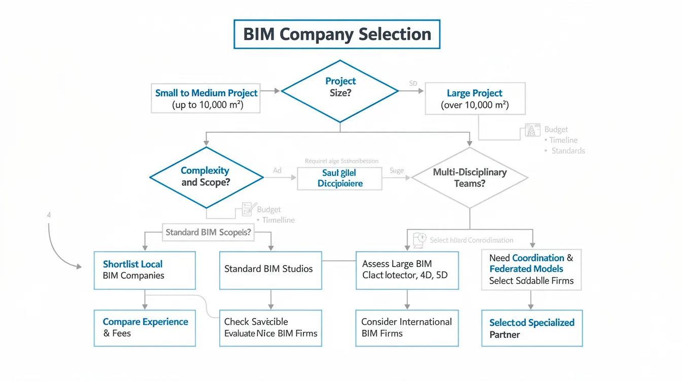 The image depicts a decision flowchart diagram illustrating the branching paths for selecting a BIM company based on various factors such as project size and scope. It highlights the importance of BIM implementation and coordination services in enhancing project efficiency and outcomes for construction projects throughout the project lifecycle.