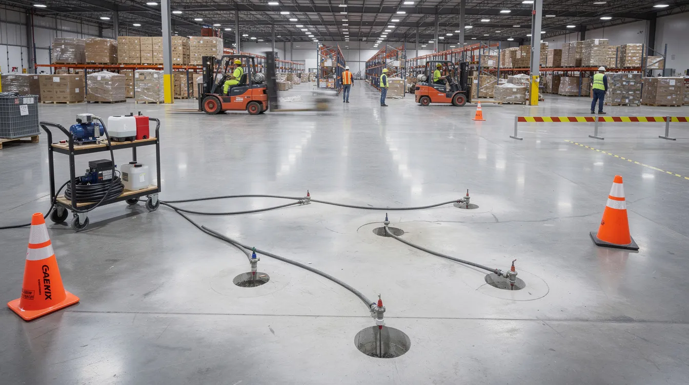 The image depicts an injection rig set up on a warehouse floor, showcasing small drilled ports for polyurethane foam injection. The minimal equipment footprint allows for efficient concrete lifting of sunken slabs while maintaining operational separation, highlighting a non-invasive approach to foundation repair.