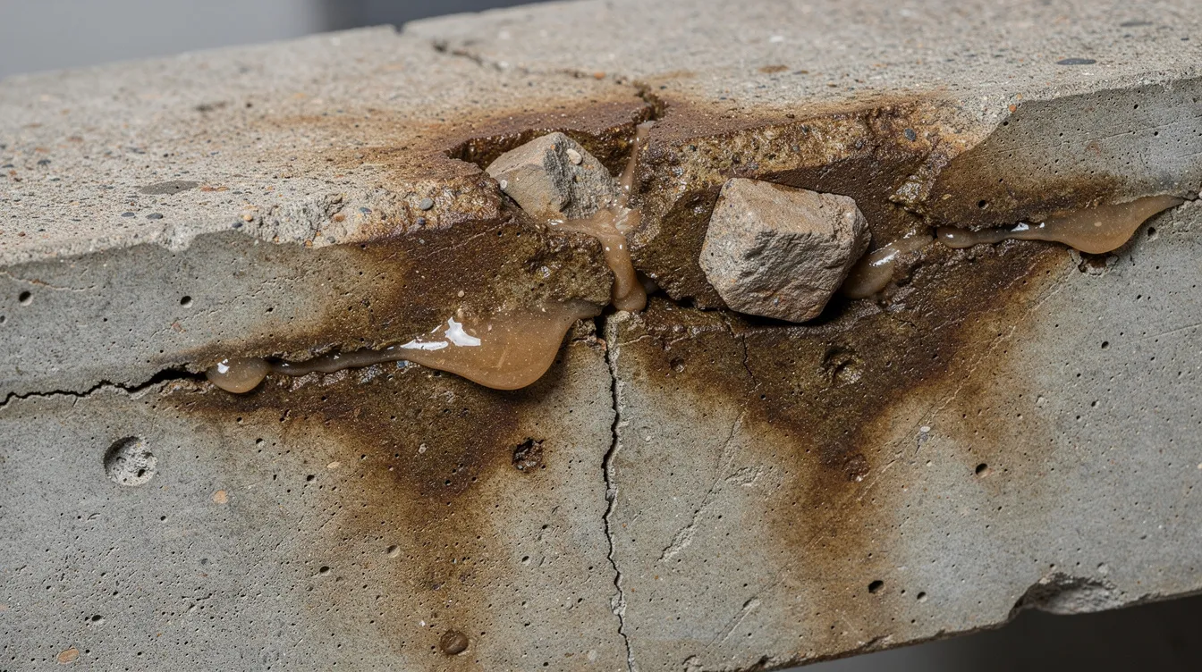 The image shows a close-up view of translucent gel deposits forming in fine cracks on a concrete beam surface, accompanied by brownish staining around the aggregate, indicating potential alkali silica reaction (ASR) issues. This deterioration can compromise the structural integrity of concrete structures, highlighting the need for effective ASR mitigation strategies.