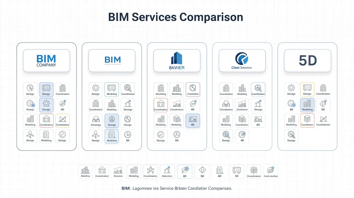 The image is an infographic comparing five BIM companies, each represented by their logo and accompanied by service capability icons arranged in columns. The infographic highlights various aspects of BIM services such as architectural BIM, BIM coordination, and project efficiency, showcasing how these companies contribute to successful construction projects and the project lifecycle.