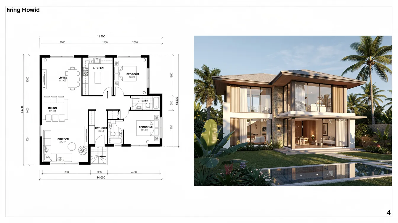 The image features an annotated floor plan alongside an exterior perspective rendering of a tropical landed house, showcasing the innovative designs and functional spaces created by a boutique interior design firm. This visual representation highlights the careful space planning and detail involved in transforming residential projects into dream homes.