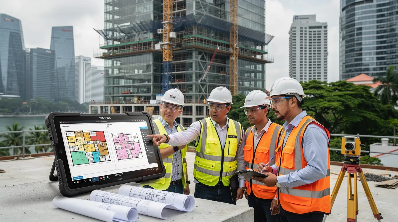 The image depicts a modern construction site in Singapore, where workers are reviewing digital models on tablets while standing near a partially completed high-rise building. This scene illustrates the use of architectural BIM services and emphasizes the importance of BIM coordination for enhancing project efficiency and outcomes throughout the project lifecycle.