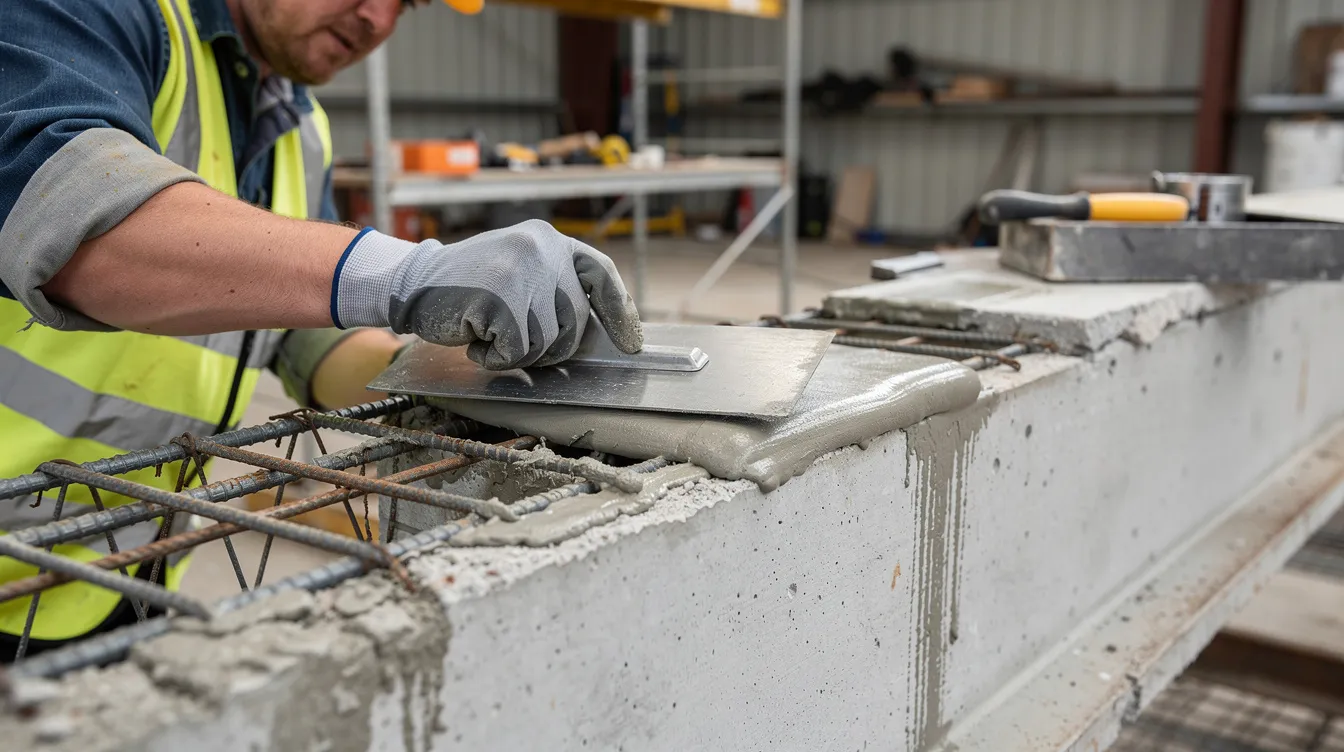 A worker is applying polymer-modified alkaline repair mortar with a trowel to the prepared end of a concrete beam, effectively rebuilding the concrete cover over the primed steel reinforcement. This process is crucial for maintaining the structural integrity of concrete structures and preventing corrosion risk associated with carbonation and environmental exposure.
