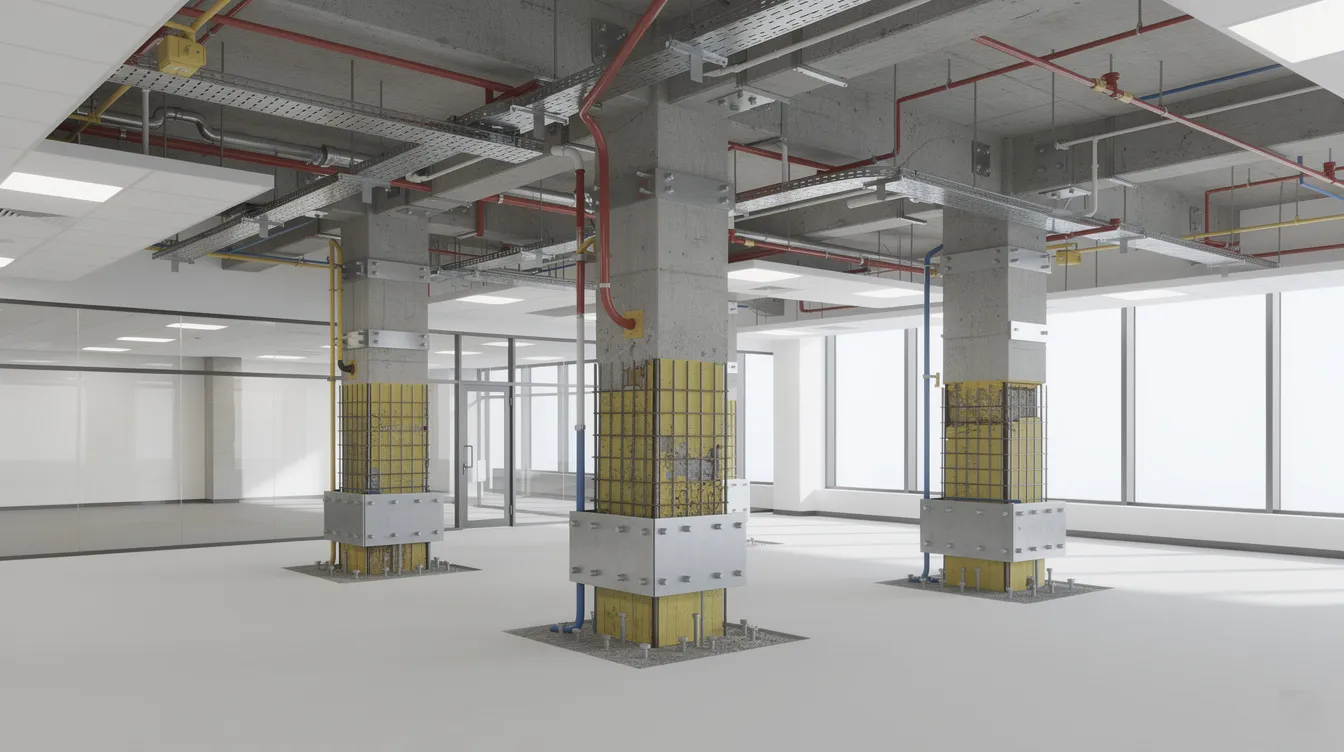 The image depicts a three-dimensional structural model illustrating jacketed reinforced concrete columns, integrated with architectural elements and building services. It highlights the use of fiber reinforced polymer (FRP) and steel jacketing as structural strengthening methods to enhance the load-bearing capacity and overall structural performance of concrete structures.