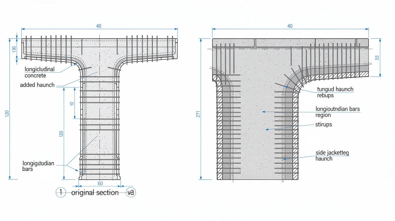 The image depicts a cross section of an original T-beam alongside an enlarged beam featuring added haunch and side jacketing, illustrating schematic reinforcement techniques for structural strengthening. This visual emphasizes the integration of fiber reinforced polymer composites and steel plates to enhance the load carrying capacity and structural integrity of existing concrete structures.