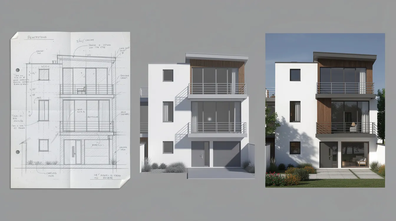 The image showcases a three-stage design progression, featuring a hand-drawn sketch, a detailed digital model, and the final completed facade of a house, illustrating the journey from concept to reality in residential projects. This visual representation highlights the expertise of interior designers and the meticulous design process involved in creating functional and aesthetically pleasing spaces.