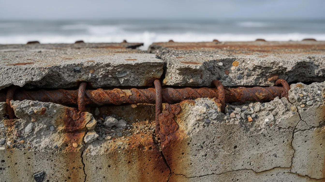 The image depicts corroded steel reinforcement bars exposed through spalled concrete on a coastal structure, highlighting the effects of corrosion in marine environments. This deterioration emphasizes the importance of cathodic protection systems, such as impressed current cathodic protection (ICCP), to prevent further metal degradation and ensure the longevity of reinforced concrete structures.