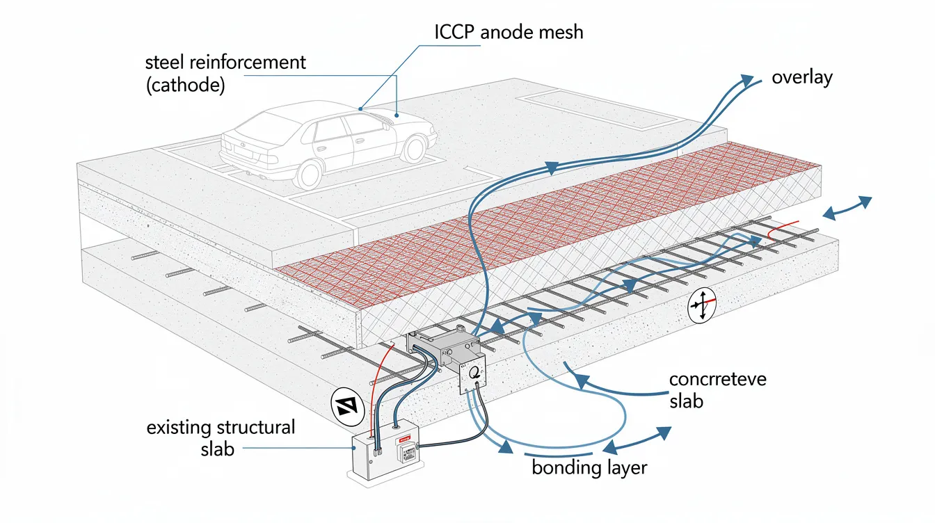 This cross-section diagram illustrates an impressed current cathodic protection (ICCP) anode mesh embedded within a concrete overlay on a car park deck, showcasing the anode array designed to prevent corrosion of the reinforced concrete structures. The diagram highlights the integration of the ICCP system, which utilizes an external power source to deliver a controlled electrical current for reliable protection against metal degradation.