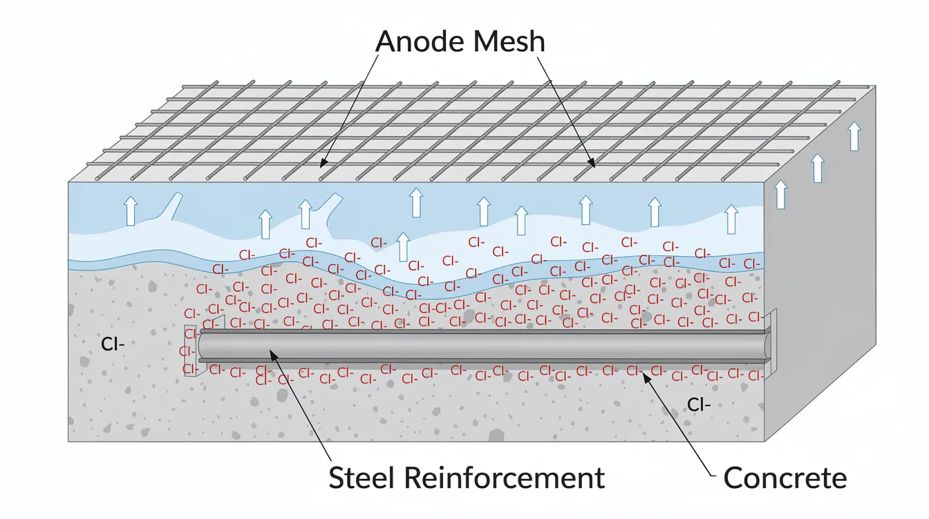 The image depicts a schematic cross-section of a concrete surface featuring an anode mesh, with an electrolyte layer above it, illustrating the process of electrochemical chloride extraction. Chloride ions are shown migrating away from the embedded steel reinforcement, highlighting efforts to halt steel corrosion in contaminated reinforced concrete structures.
