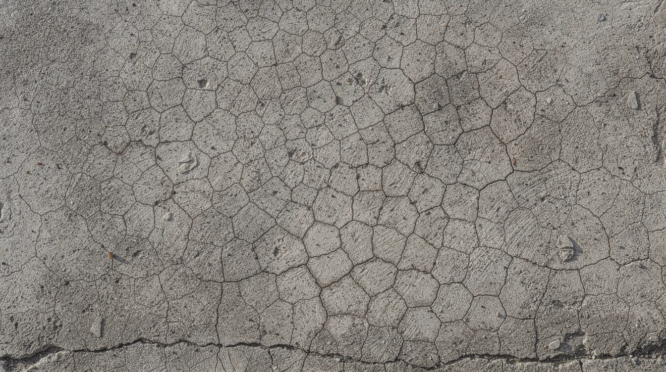 The image depicts a weathered concrete wall exhibiting an irregular polygonal crack pattern, characterized by interconnected lines that form a network across the surface. This pattern may be indicative of issues related to alkali silica reaction (ASR), highlighting the need for effective mitigation strategies to maintain structural integrity in concrete structures.