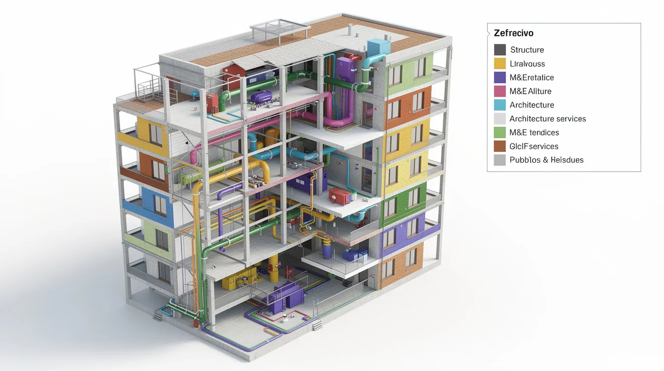 The image depicts a cutaway Building Information Modeling (BIM) model showcasing the structural, mechanical, and architectural layers of a residential building, providing a detailed view of the interior design elements and spatial organization. This representation highlights the intricate design processes involved in creating functional and aesthetically pleasing residential spaces.