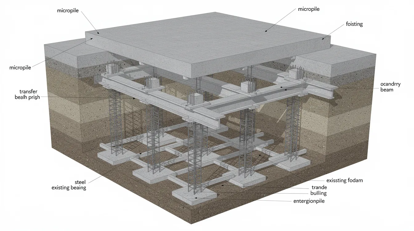 The image depicts a three-dimensional structural model illustrating micropiles and transfer beams strategically placed beneath the existing foundation of a building. This model highlights various underpinning methods, such as mass concrete and beam and base underpinning, designed to enhance the structural integrity and address potential foundation issues related to differential settlement.