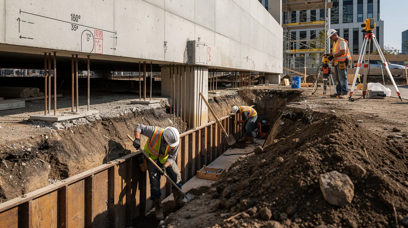 Construction workers are carefully excavating a pit beneath the existing foundation of a building to implement mass concrete underpinning, addressing potential foundation issues caused by differential settlement. This process aims to enhance the structural integrity and stability of the existing structure while minimizing disruption to the surrounding areas.