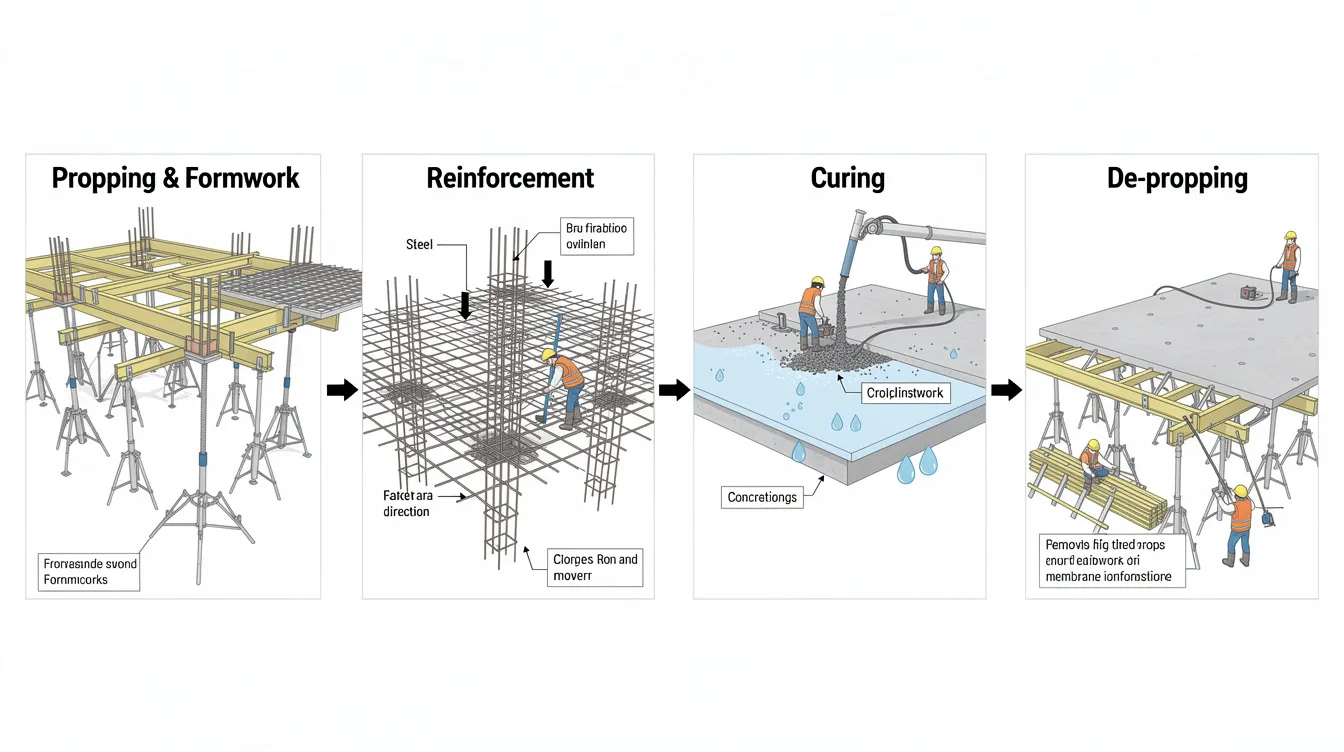 The image depicts a construction sequence diagram illustrating key stages in the process of propping, concreting, and de-propping, highlighting techniques for structural strengthening of existing concrete structures. It emphasizes the importance of maintaining structural integrity and load-carrying capacity throughout the phases of construction.