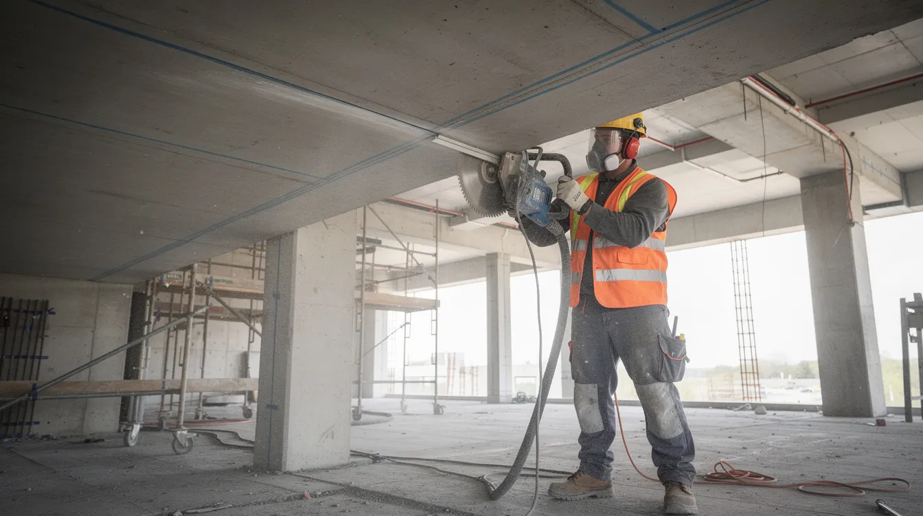 A worker is using a concrete saw to cut a controlled groove along marked lines on a concrete slab soffit, preparing it for near surface mounted nsm cfrp bars to enhance the flexural capacity of the reinforced concrete beams. This process is essential for strengthening concrete structures and improving their overall performance.