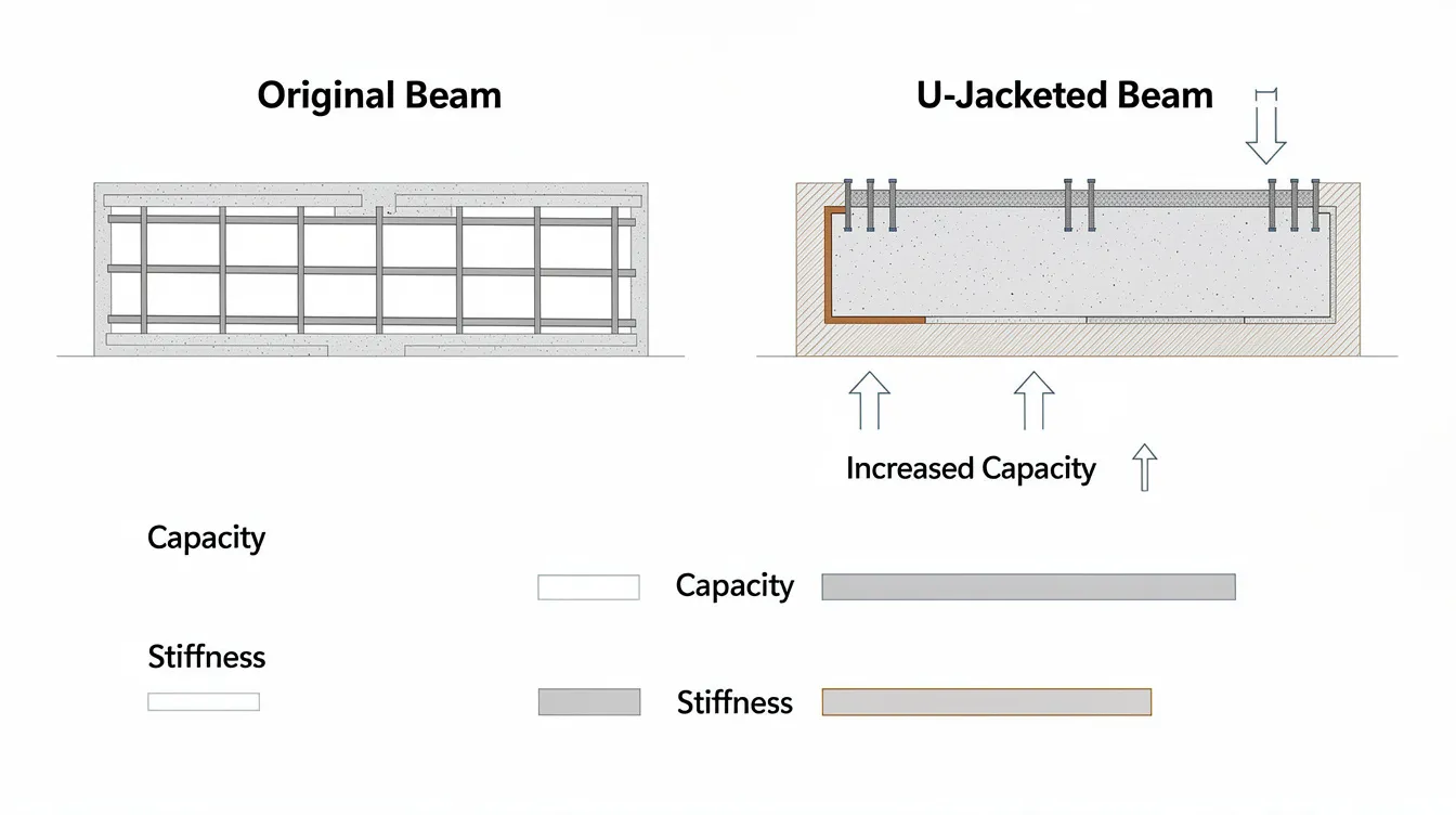 The image presents a schematic comparison of an original beam cross-section alongside a U-jacketed beam, highlighting indicators of load carrying capacity and stiffness. This visual illustrates structural strengthening techniques for existing structural elements, emphasizing the benefits of external reinforcement methods such as fiber reinforced polymer composites in enhancing the structural integrity of concrete structures.