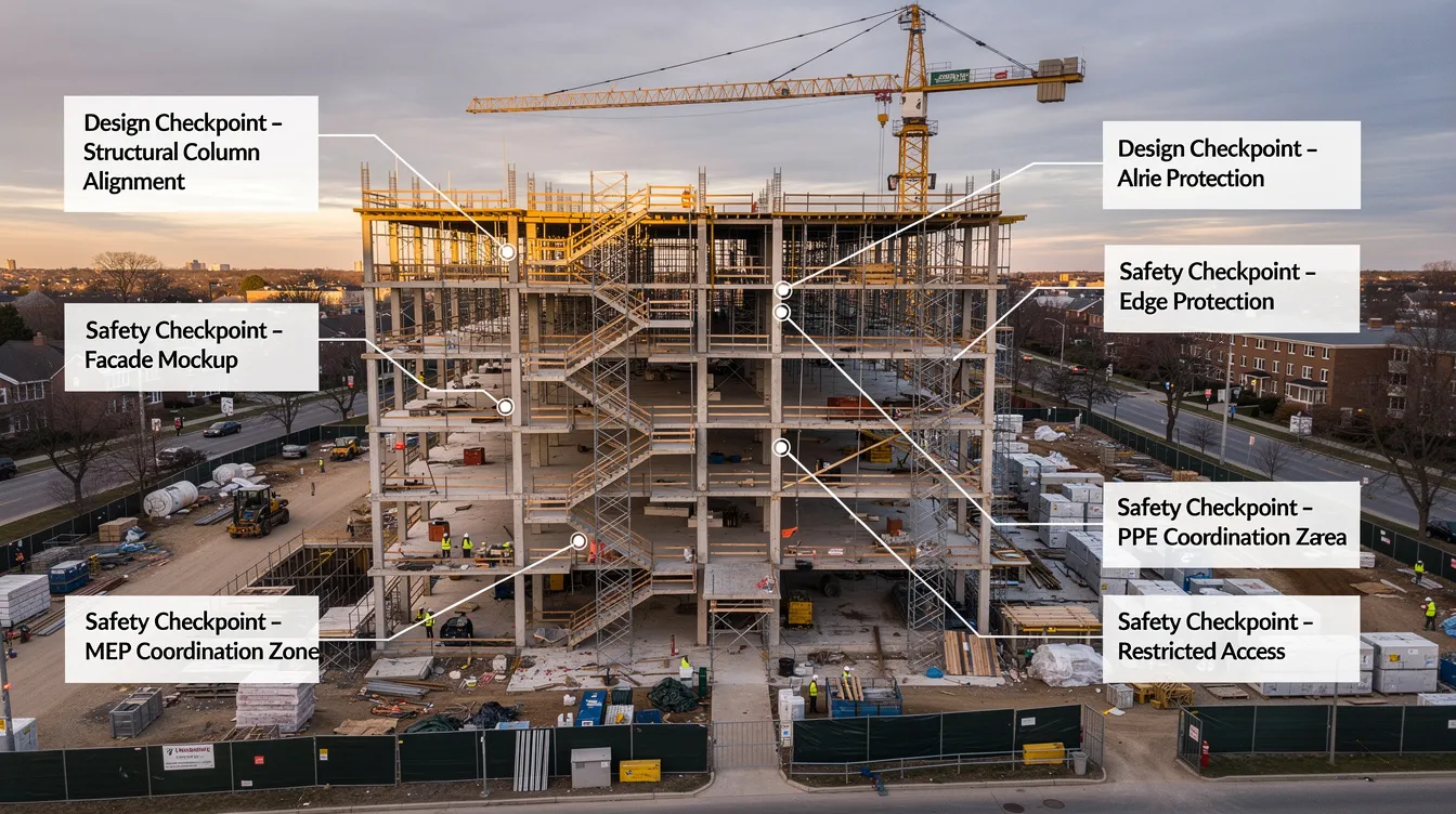 The image shows a construction site in progress, featuring callout annotations that highlight key design and safety checkpoints, showcasing the meticulous project management involved in residential and commercial projects. This visual emphasizes the importance of professional designers in creating functional spaces while ensuring safety standards are met.