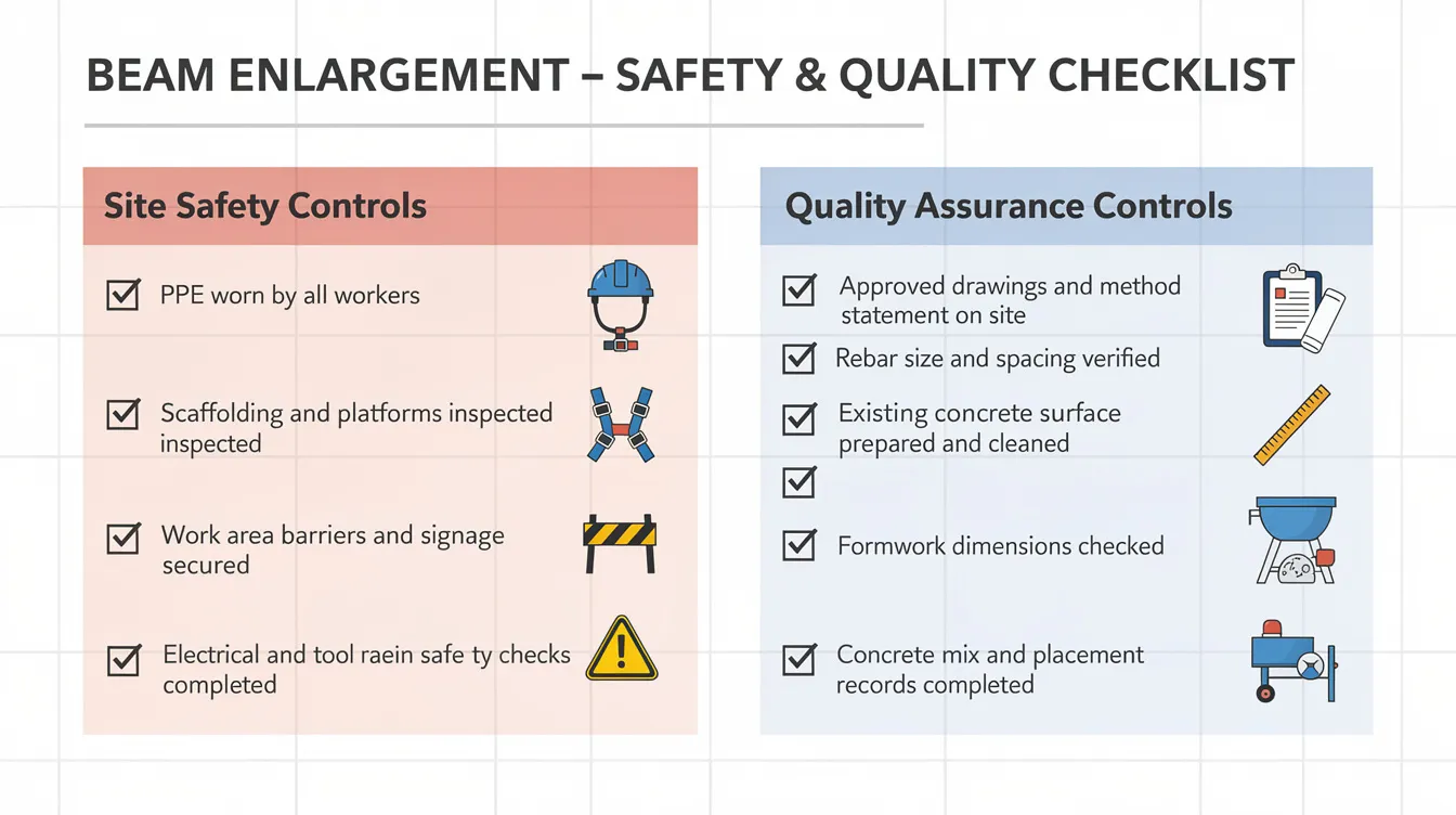 The image features a checklist graphic outlining critical site safety and quality assurance controls for beam enlargement works, emphasizing key aspects such as structural strengthening, existing structural elements, and the use of fiber reinforced polymer composites. It serves as a guide to ensure the structural integrity and load carrying capacity of concrete structures during the construction process.