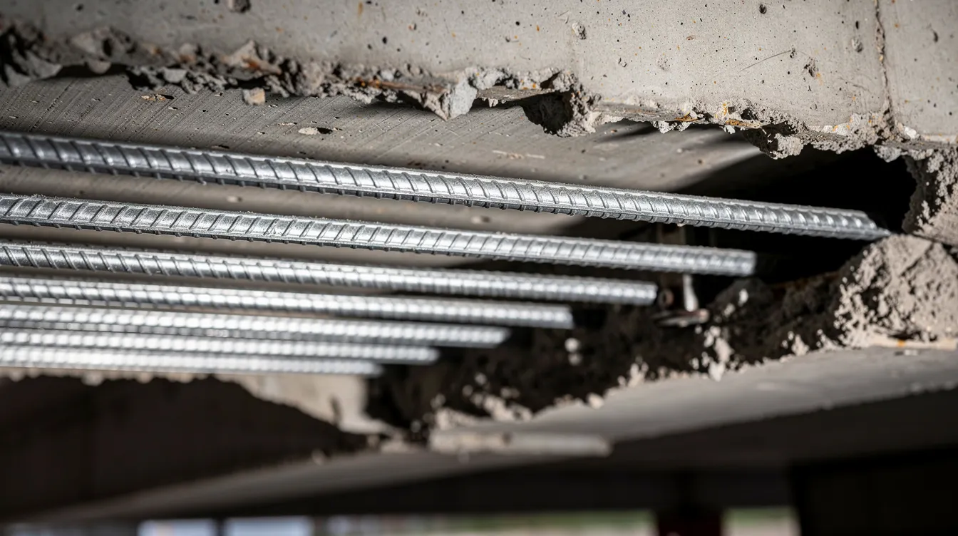 The image shows a close-up view of cleaned reinforcement bars that have been exposed in a beam soffit after the removal of spalled carbonated concrete, revealing bright metal surfaces. This freshly exposed concrete surface highlights the importance of carbonation depth testing in assessing the structural integrity and corrosion risk of reinforced concrete structures.