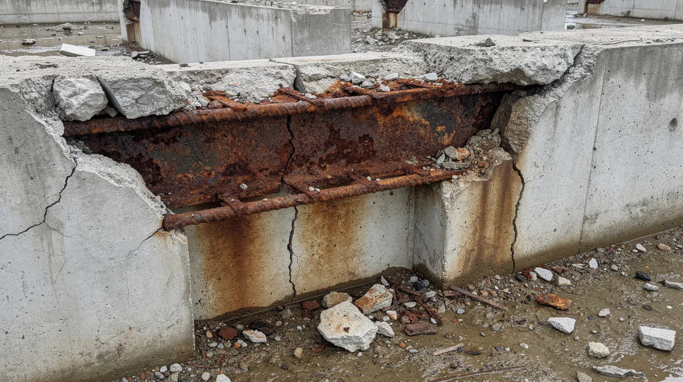 The image depicts a damaged concrete beam with exposed corroded reinforcing steel, showcasing significant rust staining and spalling. This condition highlights the challenges of chloride contamination and steel corrosion in reinforced concrete structures, emphasizing the need for techniques like electrochemical chloride extraction (ECE) to mitigate further damage.