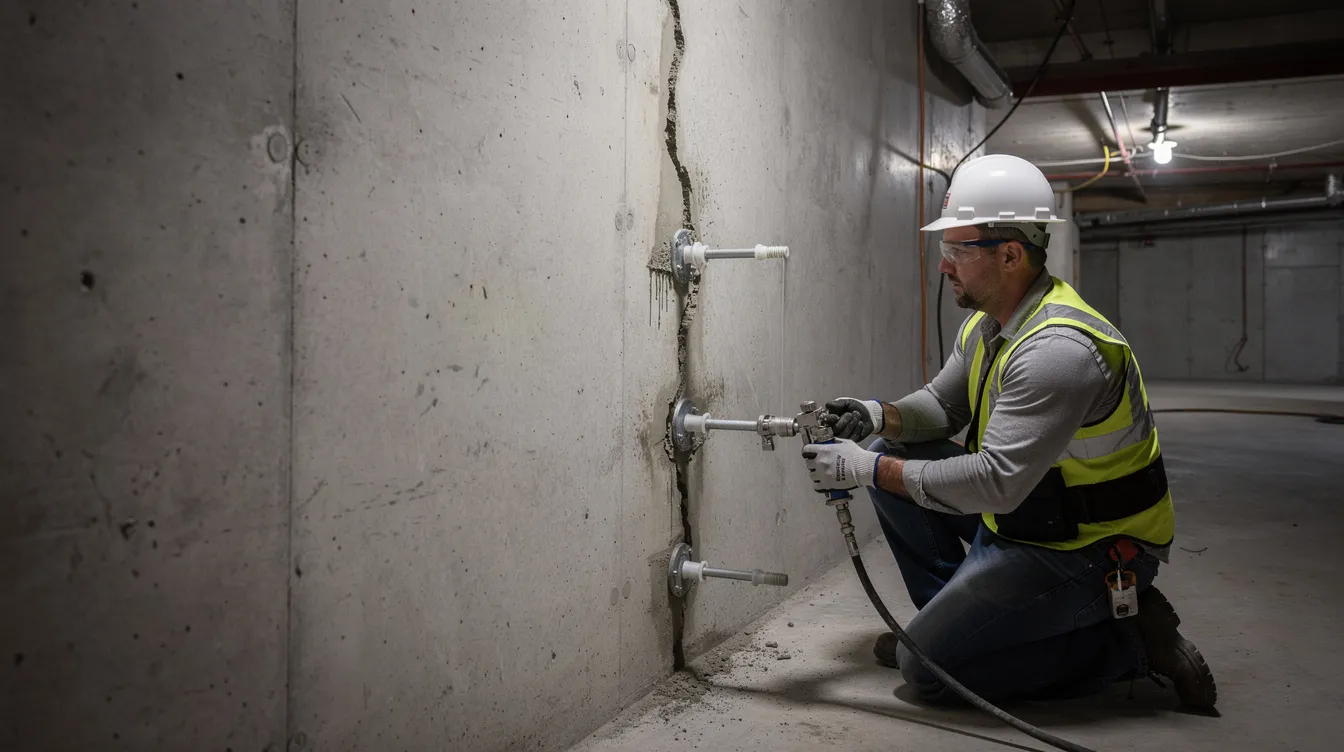 A technician is seen injecting epoxy resin through packers along a concrete crack in a basement wall, aiming to restore structural integrity and prevent further deterioration of the concrete structure. This precision injection process is essential for sealing cracks and repairing damaged concrete effectively.