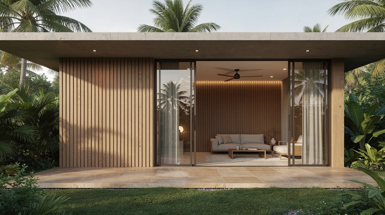 The image showcases the exterior facade of a tropical home seamlessly blending with the interior living space, highlighting a continuous material palette that emphasizes the cohesive design. This innovative approach reflects the work of top interior designers, creating functional spaces that enhance daily living.