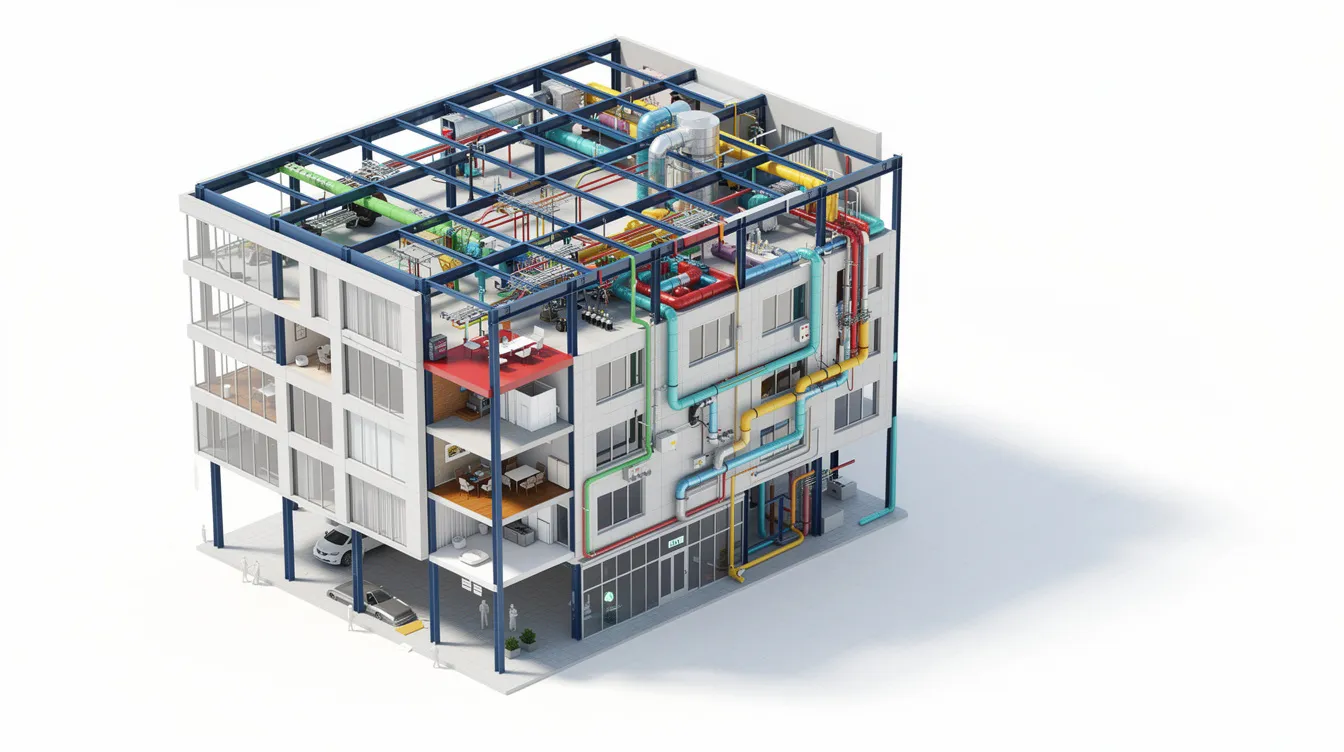 The image depicts a three-dimensional building model showcasing distinct layers for architectural, structural, and MEP systems, each represented in vibrant colors. This visual aids in understanding the complex integration involved in construction projects and emphasizes the importance of BIM coordination services throughout the project lifecycle.