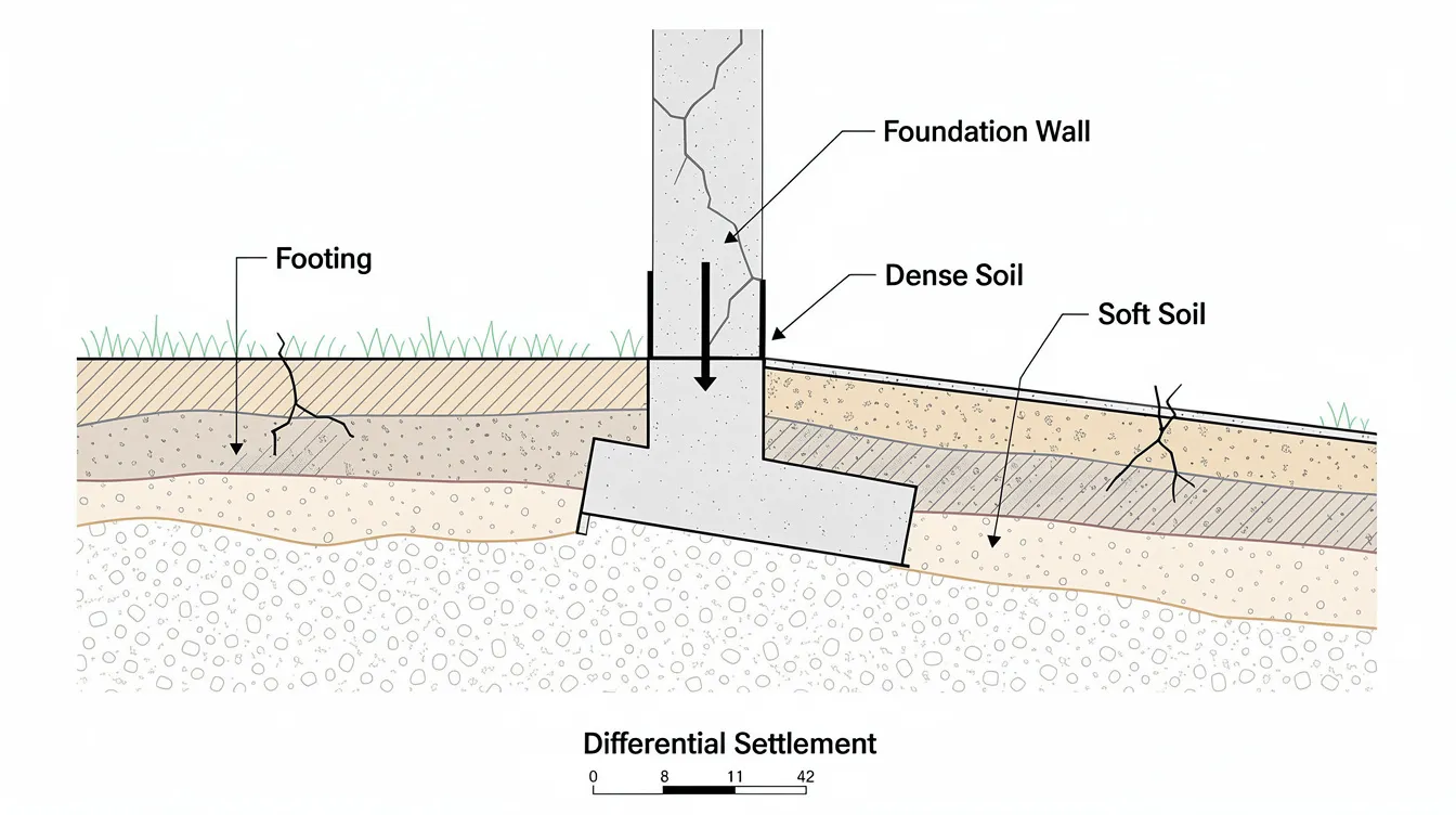 This cross-section diagram illustrates a building's foundation, specifically showing the existing footings tilting due to weaker soil conditions on one side, which can lead to differential settlement and potential structural damage. The image highlights the importance of underpinning methods, such as beam and base underpinning, to maintain the structural integrity and stability of the existing structure.