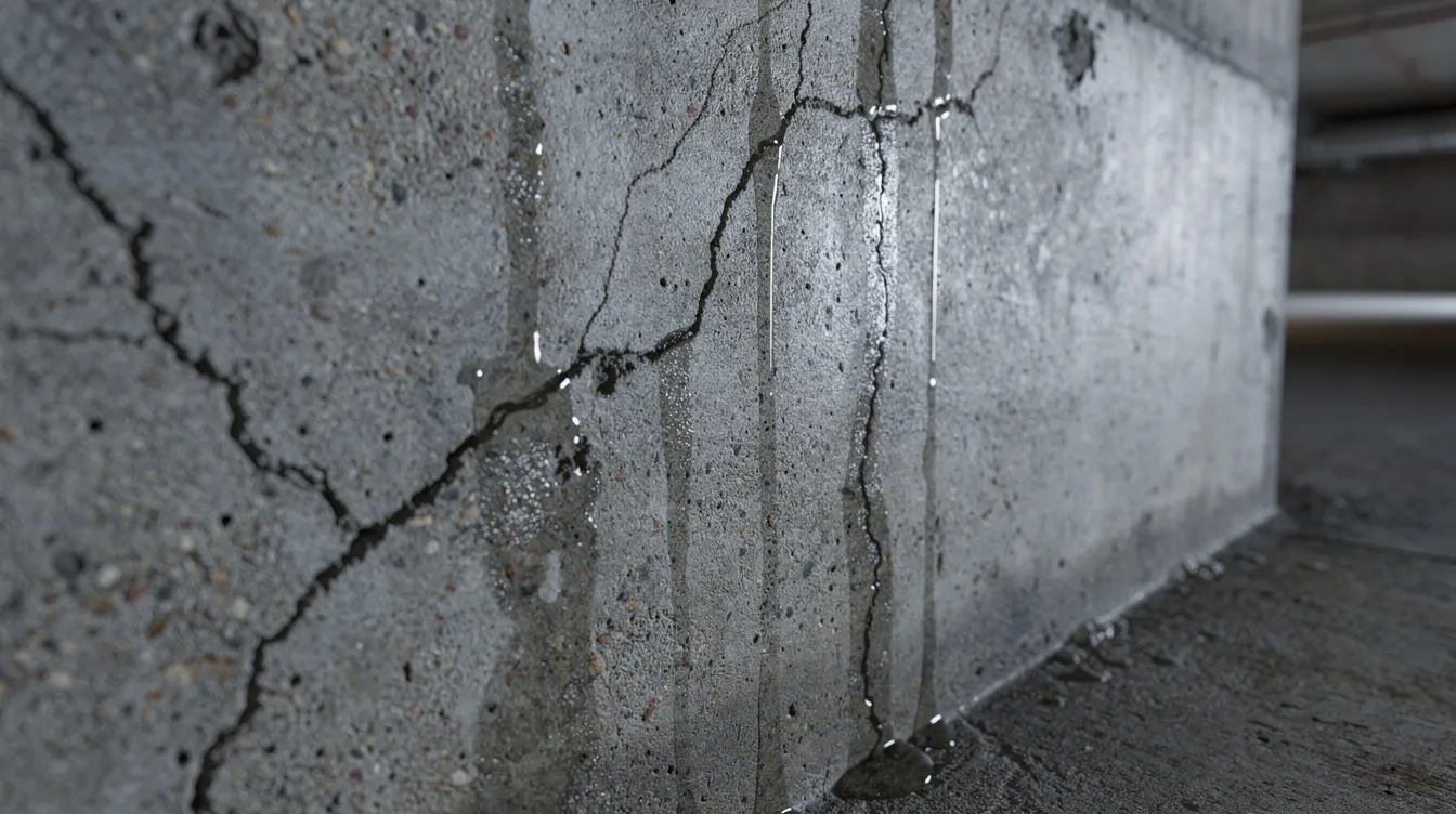 A close-up view of a concrete foundation wall reveals fine cracks and moisture seepage in a basement, highlighting the need for concrete crack repair to restore structural integrity. The image emphasizes the importance of addressing active leaks and preventing further deterioration through methods like epoxy injection or polyurethane crack injection.