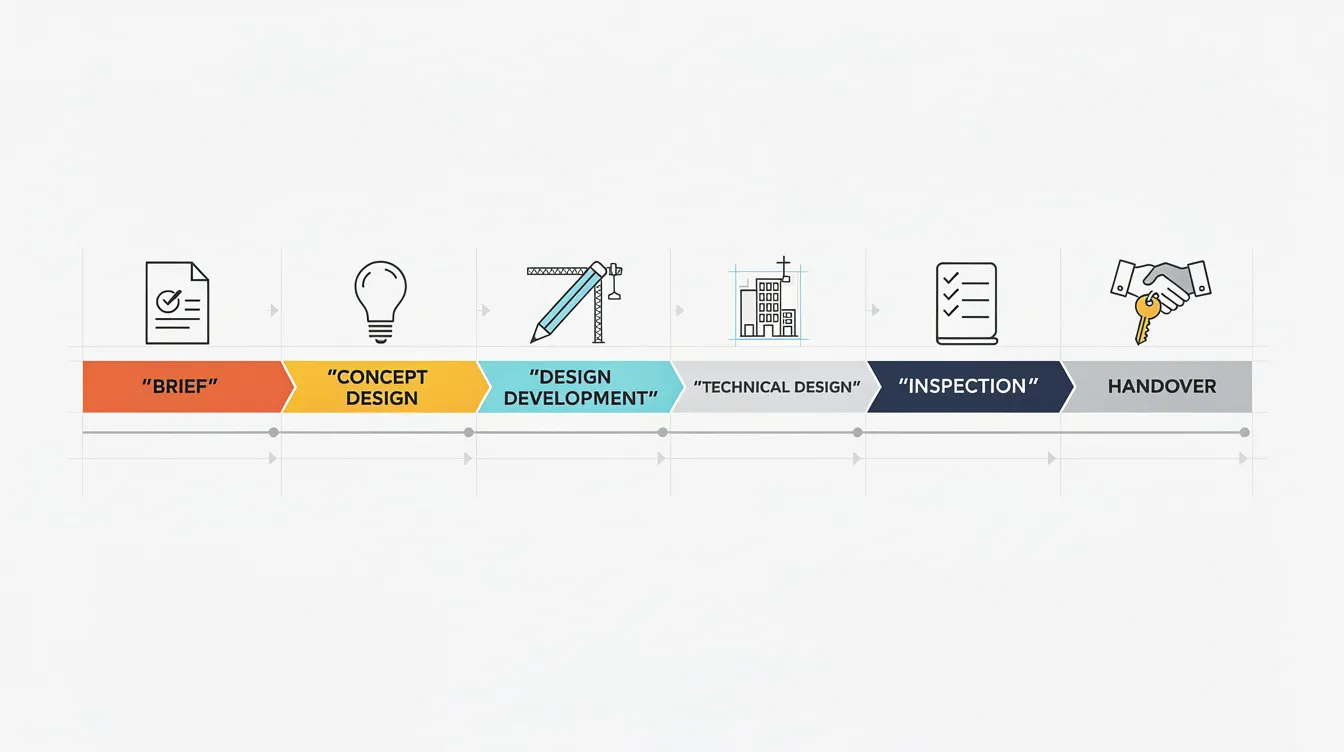 The image depicts a horizontal project timeline illustrating various design stages, including the initial brief, construction phase, and final handover, emphasizing the structured process of interior design projects managed by a boutique interior design firm. This timeline highlights the essential steps involved in transforming residential and commercial spaces into functional and aesthetically pleasing environments.
