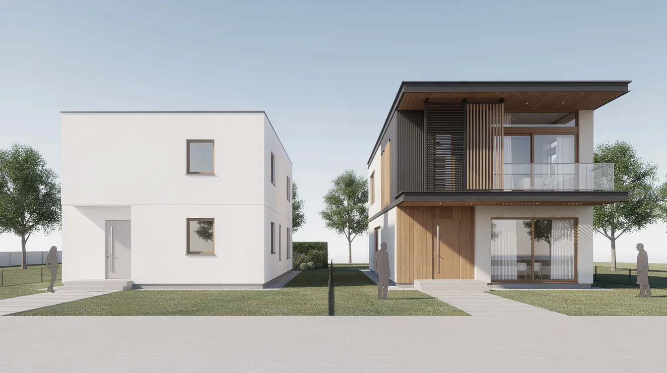 The image shows a side-by-side comparison of two house designs: a simple box house with clean lines and a more articulated house featuring overhangs and screens. This visual juxtaposition highlights the differences in architectural style and functionality, catering to various residential projects and showcasing innovative designs in the built environment.