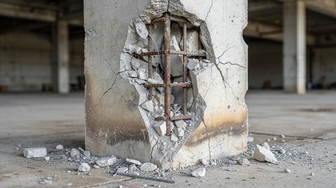 The image depicts a deteriorated reinforced concrete column showing visible spalling and corrosion, indicating a need for structural strengthening. This existing column is set to undergo enhancement using methods such as fiber reinforced polymer (FRP) jacketing or steel jacketing to restore its load-bearing capacity and overall structural integrity.